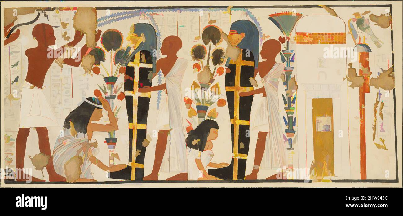 Arte ispirata alla purificazione e al lutto dei morti, Tomba di Nebamun e Ipuky, nuovo Regno, Dinastia 18, ca. 1390–1349 a.C., dall'Egitto, dall'Egitto superiore, da Tebe, da Tempera su carta, facsimile: h. 37 cm (14 9/16 poll.); w. 81 cm (31 7/8 poll.), Charles K. Wilkinson ca. 1930, questo dipinto di facsimile, opere classiche modernizzate da Artotop con un tuffo di modernità. Forme, colore e valore, impatto visivo accattivante sulle emozioni artistiche attraverso la libertà delle opere d'arte in modo contemporaneo. Un messaggio senza tempo che persegue una nuova direzione selvaggiamente creativa. Artisti che si rivolgono al supporto digitale e creano l'NFT Artotop Foto Stock