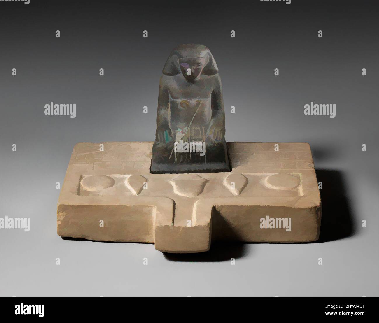 Arte ispirata da tavolo con statuette di Sehetepib, Medio Regno, Dinastia 12, fine-inizio 13, ca. 1850–1775 a.C., dall'Egitto, regione di Membhite, Lisht Nord, cimitero a sud della piramide sotto Casa A1:3, Pit 883, 1920–21, tavola calcarea; statuette grigiwacke, A) H. 9 cm (3 9/16", opere classiche modernizzate da Artotop con un tuffo di modernità. Forme, colore e valore, impatto visivo accattivante sulle emozioni artistiche attraverso la libertà delle opere d'arte in modo contemporaneo. Un messaggio senza tempo che persegue una nuova direzione selvaggiamente creativa. Artisti che si rivolgono al supporto digitale e creano l'NFT Artotop Foto Stock