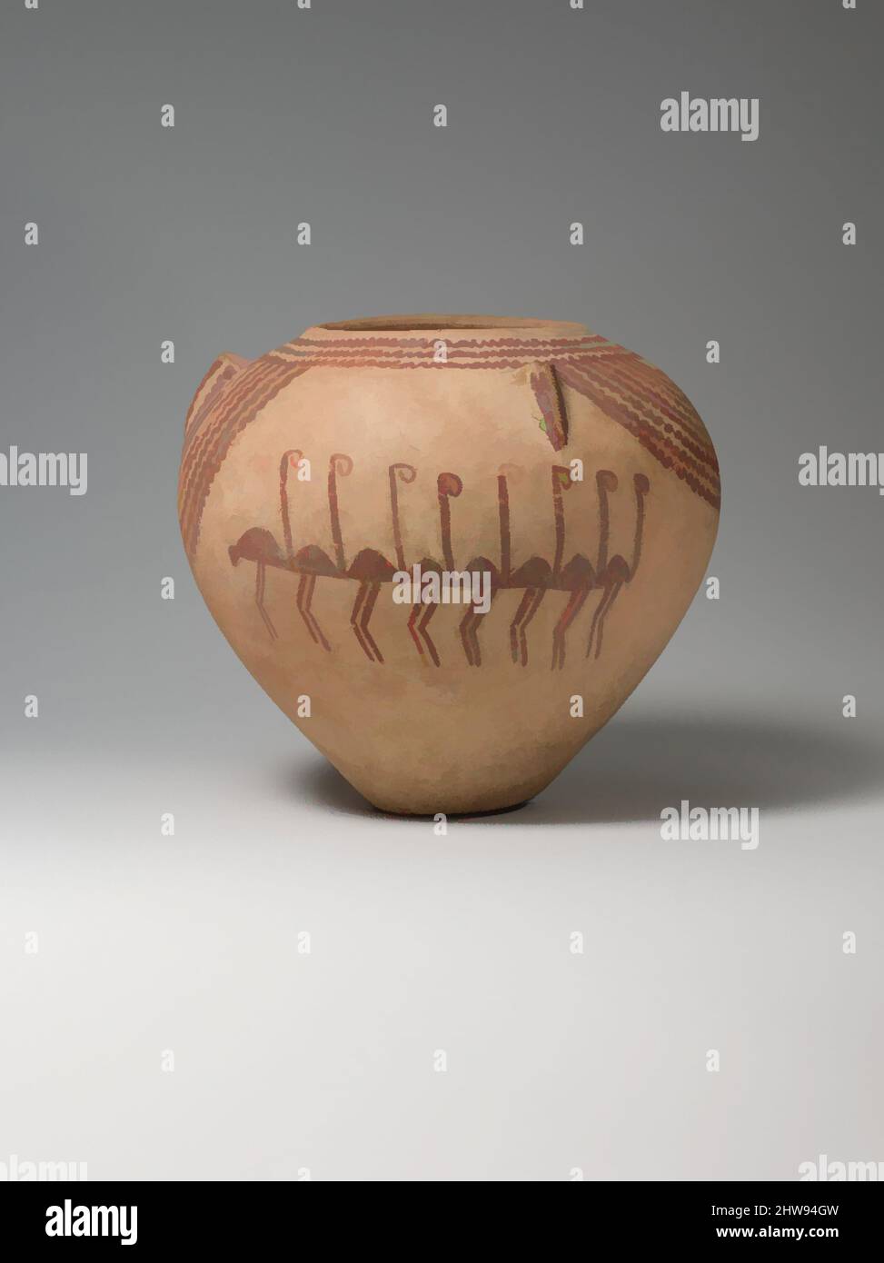 Arte ispirata a vasetto decoratato raffigurante file di fenicotteri, predinastici, Naqada II, ca. 3650–3300 a.C., dall'Egitto, ceramica, vernice, H: 16,7 cm (6 9/16 poll.); diam: 18,6 cm (7 5/16 poll.), opere classiche modernizzate da Artotop con un tocco di modernità. Forme, colore e valore, impatto visivo accattivante sulle emozioni artistiche attraverso la libertà delle opere d'arte in modo contemporaneo. Un messaggio senza tempo che persegue una nuova direzione selvaggiamente creativa. Artisti che si rivolgono al supporto digitale e creano l'NFT Artotop Foto Stock