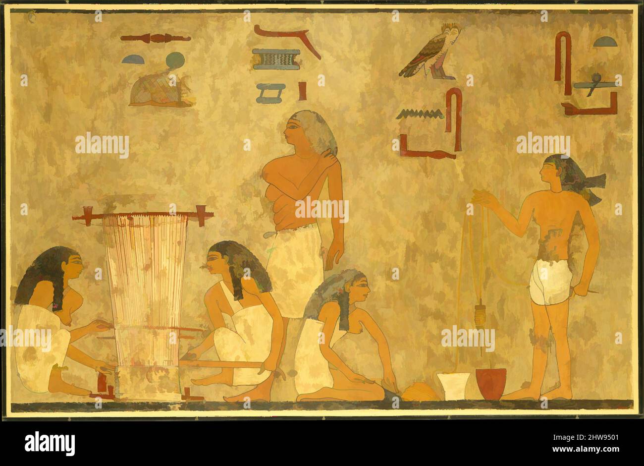 Arte ispirata da Weavers, Tomba di Khnumhotep, Medio Regno, Dinastia 12, ca. 1897–1878 a.C., originale dall'Egitto, Medio Egitto, Beni Hasan, Tomba di Khnumhotep (Tomba 3), carta, vernice tempera, inchiostro, facsimile: h. 66,5 cm (26 3/16 poll.); w. 103,5 cm (40 3/4 poll.), Norman de Garis Davies (1865–, opere classiche modernizzate da Artotop con un tocco di modernità. Forme, colore e valore, impatto visivo accattivante sulle emozioni artistiche attraverso la libertà delle opere d'arte in modo contemporaneo. Un messaggio senza tempo che persegue una nuova direzione selvaggiamente creativa. Artisti che si rivolgono al supporto digitale e creano l'NFT Artotop Foto Stock