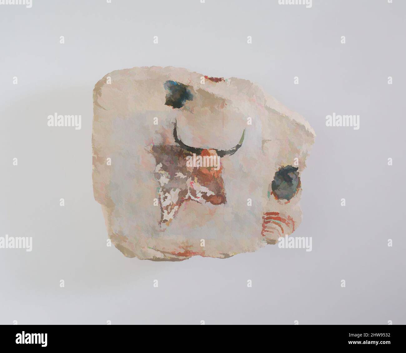 Arte ispirata ad ostracon raffigurante la testa di un toro, New Kingdom, ca. 1479–1458 a.C., dall'Egitto, dall'Egitto superiore, da Tebe, dallo sceicco Abd el-Qurna, Tomba di Senenmut (TT 71), 1935–36, calcare, vernice, H. 11,5 cm (4 1/2 poll.); W. 13 cm (5 1/8 poll., opere classiche modernizzate da Artotop con un tuffo di modernità. Forme, colore e valore, impatto visivo accattivante sulle emozioni artistiche attraverso la libertà delle opere d'arte in modo contemporaneo. Un messaggio senza tempo che persegue una nuova direzione selvaggiamente creativa. Artisti che si rivolgono al supporto digitale e creano l'NFT Artotop Foto Stock