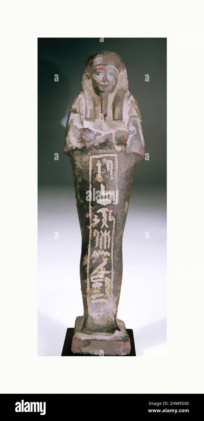 Arte ispirata da Shabti di Wahibre, la cui madre era Tahetret, tardo periodo, dinastia 26, 664–525 a.C., dall'Egitto; Si dice che provengano da Memphite Region, Memphis (mit Rahina), Faience, H. 16,5 cm (6 1/2 poll., opere classiche modernizzate da Artotop con un tuffo di modernità. Forme, colore e valore, impatto visivo accattivante sulle emozioni artistiche attraverso la libertà delle opere d'arte in modo contemporaneo. Un messaggio senza tempo che persegue una nuova direzione selvaggiamente creativa. Artisti che si rivolgono al supporto digitale e creano l'NFT Artotop Foto Stock