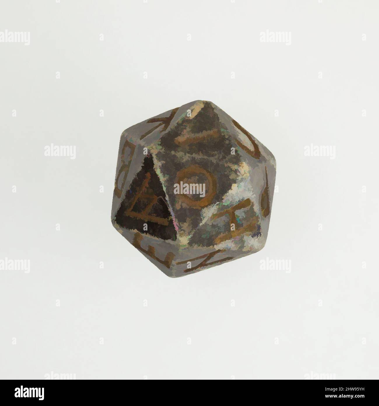 Arte ispirata al dado ventidue (icosaedro) con facce inscritte con lettere greche, periodo tolemaico-romano, 2nd secolo a.C.–4th secolo d.C., dall'Egitto, serpentinite, altezza: 3,2 x L: 3,8 x W: 3,4 cm (1 1/4 x 1 1/2 x 1 5/16 poll.), un certo numero di dadi poliedrici realizzati in varie opere classiche modernizzate da Artotop con un tocco di modernità. Forme, colore e valore, impatto visivo accattivante sulle emozioni artistiche attraverso la libertà delle opere d'arte in modo contemporaneo. Un messaggio senza tempo che persegue una nuova direzione selvaggiamente creativa. Artisti che si rivolgono al supporto digitale e creano l'NFT Artotop Foto Stock