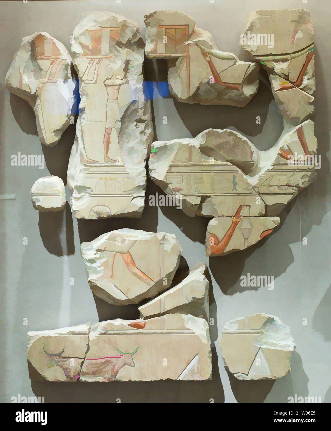 Arte ispirata al Relief raffigurante rituali ed emblemi sacri, Regno di mezzo, Dinastia 11, ca. 2051–2030 a.C., dall'Egitto, dall'Egitto superiore, da Tebe, da Deir el-Bahri, Tomba di Neferu (TT 319,), 1923–25, calcare, vernice, 26,3a: H. 67,5 x W. 102 cm (26 9/16 x 40 3/16 in.), Neferu era molto probabile, opere classiche modernizzate da Artotop con un tuffo di modernità. Forme, colore e valore, impatto visivo accattivante sulle emozioni artistiche attraverso la libertà delle opere d'arte in modo contemporaneo. Un messaggio senza tempo che persegue una nuova direzione selvaggiamente creativa. Artisti che si rivolgono al supporto digitale e creano l'NFT Artotop Foto Stock