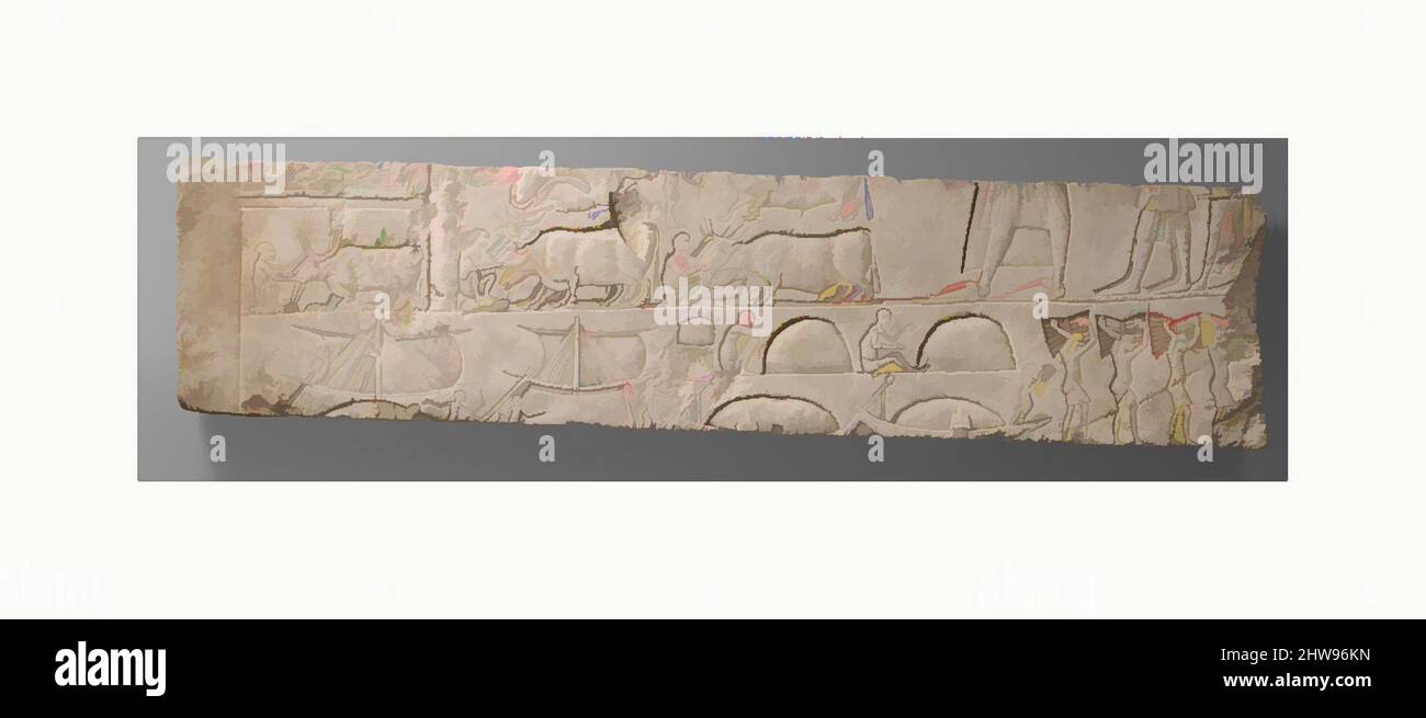 Arte ispirata da Relief raffigurante un uomo che ispira le sue scuderie e navi che scaricano merchandise, dalla Tomba di Meryneith a Saqqara, New Kingdom, periodo Amarna - periodo post-Amarna, Dinastia 18, ca. 1349–1327 a.C., dall'Egitto, dalla regione di Membhite, dalla necropoli di Membhite, dalla Tomba di Meryneith, Opere classiche modernizzate da Artotop con un tocco di modernità. Forme, colore e valore, impatto visivo accattivante sulle emozioni artistiche attraverso la libertà delle opere d'arte in modo contemporaneo. Un messaggio senza tempo che persegue una nuova direzione selvaggiamente creativa. Artisti che si rivolgono al supporto digitale e creano l'NFT Artotop Foto Stock