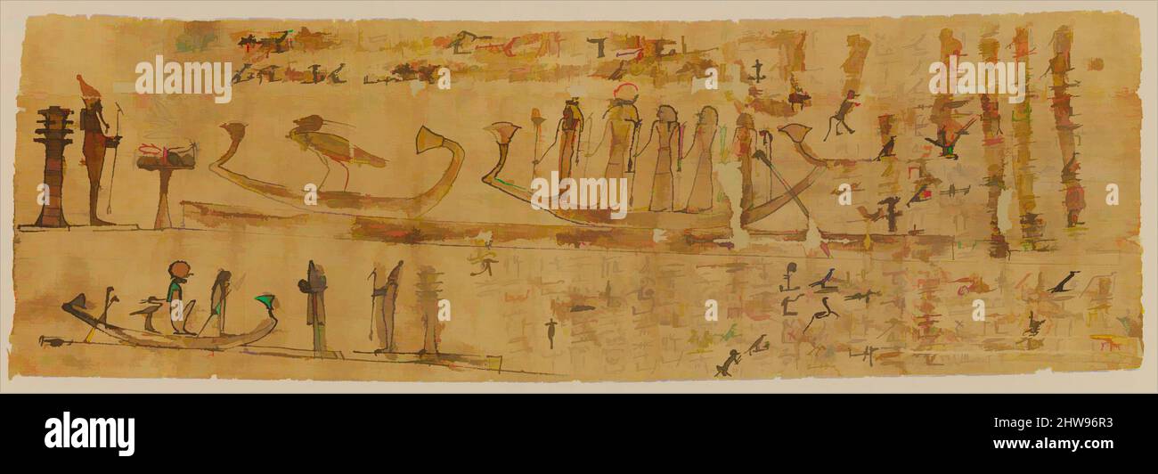 Arte ispirata dal Libro del Papiro Morto con i capitoli 100 e 129, tardo periodo, 664–332 a.C., dall'Egitto; detta di essere del Sud dell'Alto Egitto, Gebelein (Kirokodilopolis), Papiro, inchiostro, Papiro H. 25,5 cm (10 1/16 in.); L. 76,9 cm (30 1/4 in.); incorniciata H. 28,6 cm (11 1/4 in.); L. 81,4, opere classiche modernizzate da Artotop con un tuffo di modernità. Forme, colore e valore, impatto visivo accattivante sulle emozioni artistiche attraverso la libertà delle opere d'arte in modo contemporaneo. Un messaggio senza tempo che persegue una nuova direzione selvaggiamente creativa. Artisti che si rivolgono al supporto digitale e creano l'NFT Artotop Foto Stock