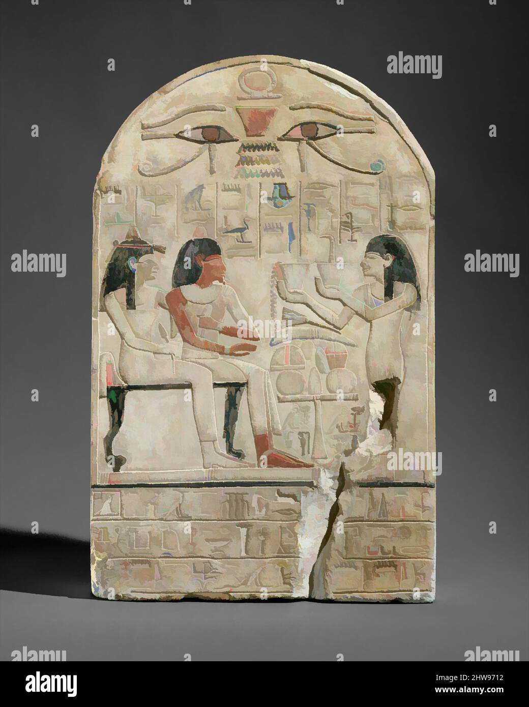 Arte ispirata da Stela del prete lettore di Amun Siamun e sua madre il cantante Amenhotep, New Kingdom, Dinastia 18, ca. 1420 a.C., dall'Egitto, calcare, vernice, H. 32,5 cm (12 13/16 in.); W. 20,5 cm (8 1/16 in.), questa stela raffigura il sacerdote-lettore Siamun e sua madre, le opere classiche modernizzate da Artotop con un tuffo di modernità. Forme, colore e valore, impatto visivo accattivante sulle emozioni artistiche attraverso la libertà delle opere d'arte in modo contemporaneo. Un messaggio senza tempo che persegue una nuova direzione selvaggiamente creativa. Artisti che si rivolgono al supporto digitale e creano l'NFT Artotop Foto Stock