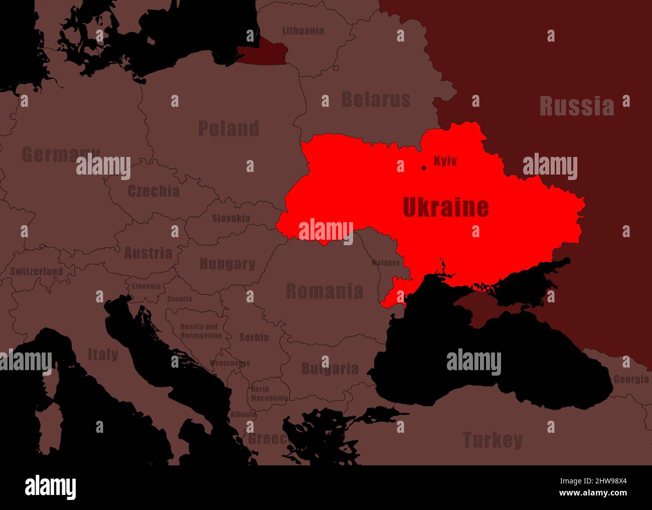 Concetto di guerra in Ucraina, Russia e Ucraina sulla mappa dell'Europa. Territorio ucraino e confine russo sulla mappa politica con Bielorussia, Polonia, Romania, Foto Stock