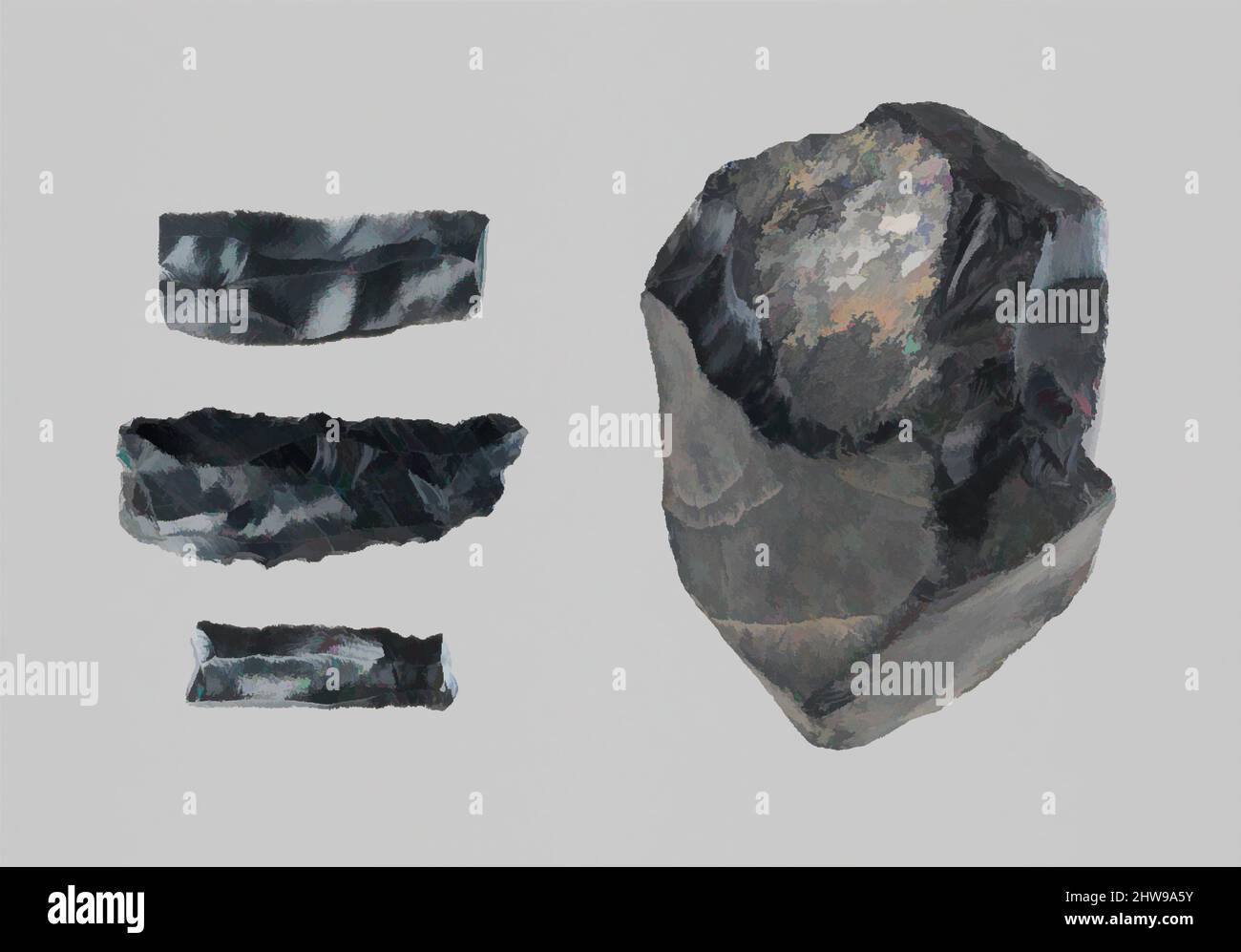 Arte ispirata da Gruppo di 3 frammenti di ossidiana lavorato e un grumo di ossidiana grezzo, Neolitico o più tardi, 5th millennio o più tardi, Cicladi, Obsidian, a: 13/16 x 1 7/8 x 3/16 pollici. (2,1 x 4,8 x 0,5 cm), Miscellaneous-Stone, Obsidian è un vetro naturale. Il grumo dell'ossidiana è proprio questo. Le opere, Classic modernizzate da Artotop con un tuffo di modernità. Forme, colore e valore, impatto visivo accattivante sulle emozioni artistiche attraverso la libertà delle opere d'arte in modo contemporaneo. Un messaggio senza tempo che persegue una nuova direzione selvaggiamente creativa. Artisti che si rivolgono al supporto digitale e creano l'NFT Artotop Foto Stock