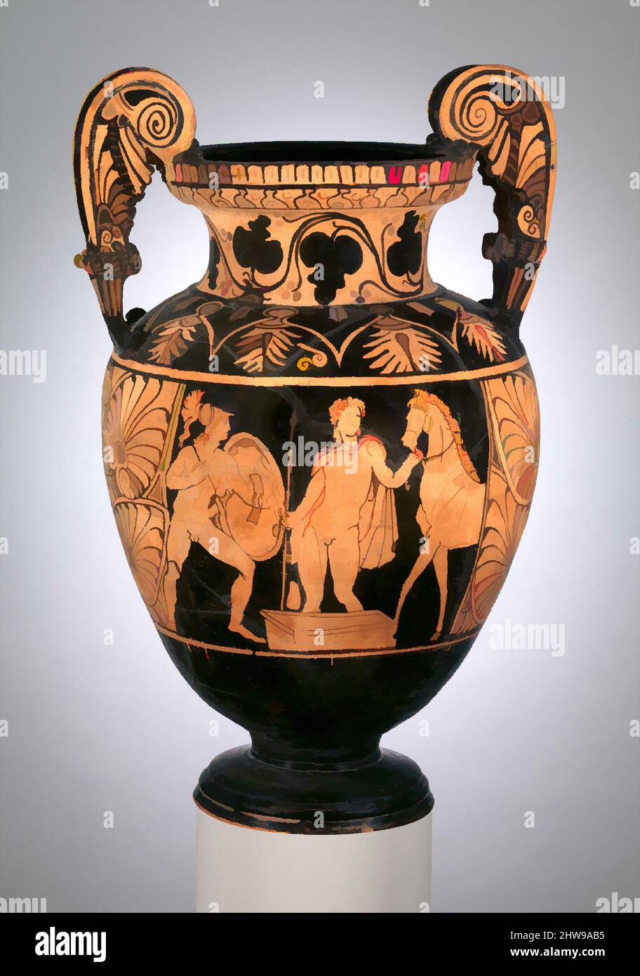 Arte ispirata a volute-krater di terracotta (ciotola per mescolare vino e acqua), tardo classica, ca. 340–300 a.C., etrusca, terracotta; figura rossa, H. 19 pollici (48,3 cm), vasi, ogni aspetto di questo vaso - forma, ornamento, scene figurali - mostra la reinterpretazione etrusca dei modelli greci a, opere classiche modernizzate da Artotop con un tuffo di modernità. Forme, colore e valore, impatto visivo accattivante sulle emozioni artistiche attraverso la libertà delle opere d'arte in modo contemporaneo. Un messaggio senza tempo che persegue una nuova direzione selvaggiamente creativa. Artisti che si rivolgono al supporto digitale e creano l'NFT Artotop Foto Stock