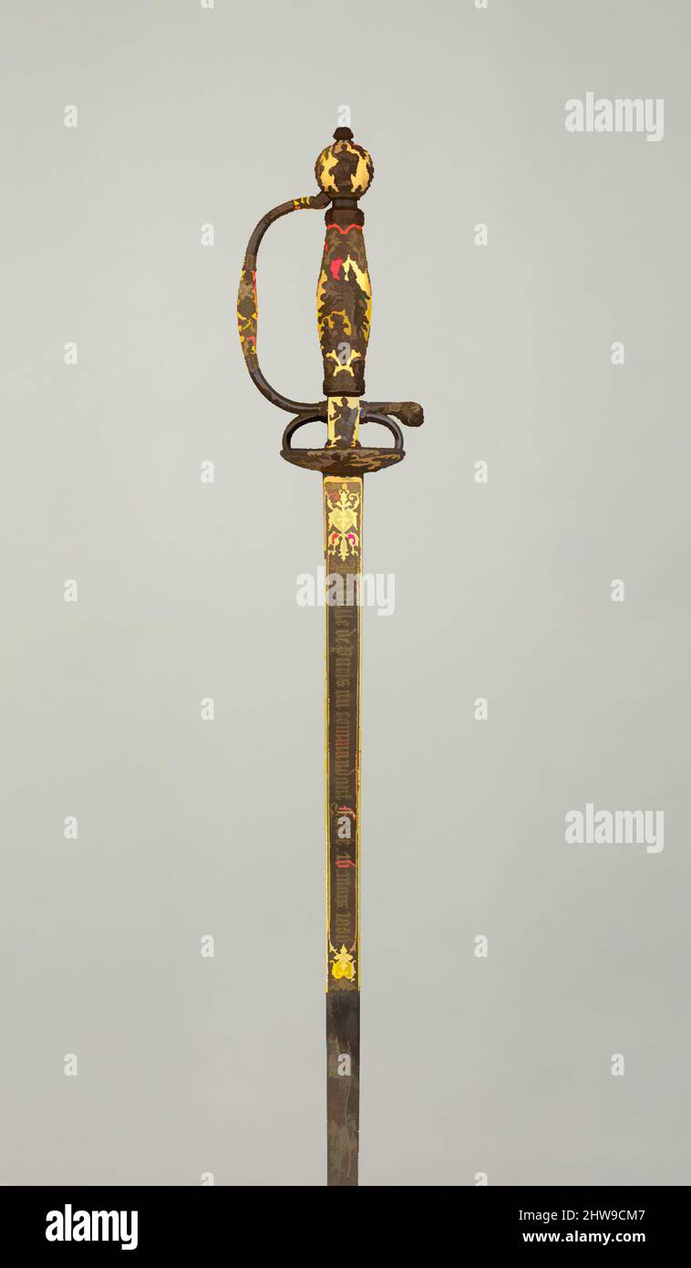 Arte ispirata a Smallsword presentata dalla Città di Parigi al comandante Ildefonse Favé (1812–1894), del 1856, francese, acciaio, oro, L. 36 poll. (91,5 cm); L. della lama da 30 1/8" (76,6 cm); W. 3 1/4" (8,3 cm); peso 1 libbre 0,6 once (470,6 g), Swords, questa spada è stata presentata dalle, opere classiche modernizzate da Artotop con un tuffo di modernità. Forme, colore e valore, impatto visivo accattivante sulle emozioni artistiche attraverso la libertà delle opere d'arte in modo contemporaneo. Un messaggio senza tempo che persegue una nuova direzione selvaggiamente creativa. Artisti che si rivolgono al supporto digitale e creano l'NFT Artotop Foto Stock