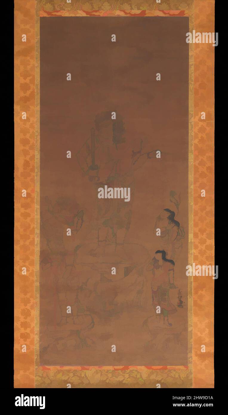 Arte ispirata da 不動明王四童子種字像, Fudō Myōō con quattro partecipanti, delineata in sillabe di semi, periodo Muromachi (1392–1573), 15th secolo, Giappone, Hanging scroll; Inchiostro e colore su carta, immagine: 39 15/16 x 17 1/16 pollici (101,5 x 43,4 cm), dipinti, Chikai (giapponese, ca. 1422–ca. 1503), il suo nome, opere classiche modernizzate da Artotop con un tuffo di modernità. Forme, colore e valore, impatto visivo accattivante sulle emozioni artistiche attraverso la libertà delle opere d'arte in modo contemporaneo. Un messaggio senza tempo che persegue una nuova direzione selvaggiamente creativa. Artisti che si rivolgono al supporto digitale e creano l'NFT Artotop Foto Stock