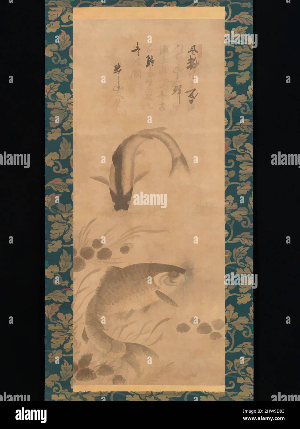 Arte ispirata a 藻鯉図, Carp e alghe, periodo Muromachi (1392–1573), fine 15th secolo, Giappone, Rotolo sospeso; inchiostro su seta, immagine: 33 7/16 x 13 7/8 pollici (85 x 35,2 cm), dipinti, Yōgetsu (giapponese, attivo alla fine del 15th secolo), inscritto da Mokumoku Dōjin (giapponese, attivo alla fine del 15th, opere classiche modernizzate da Artotop con un tuffo di modernità. Forme, colore e valore, impatto visivo accattivante sulle emozioni artistiche attraverso la libertà delle opere d'arte in modo contemporaneo. Un messaggio senza tempo che persegue una nuova direzione selvaggiamente creativa. Artisti che si rivolgono al supporto digitale e creano l'NFT Artotop Foto Stock