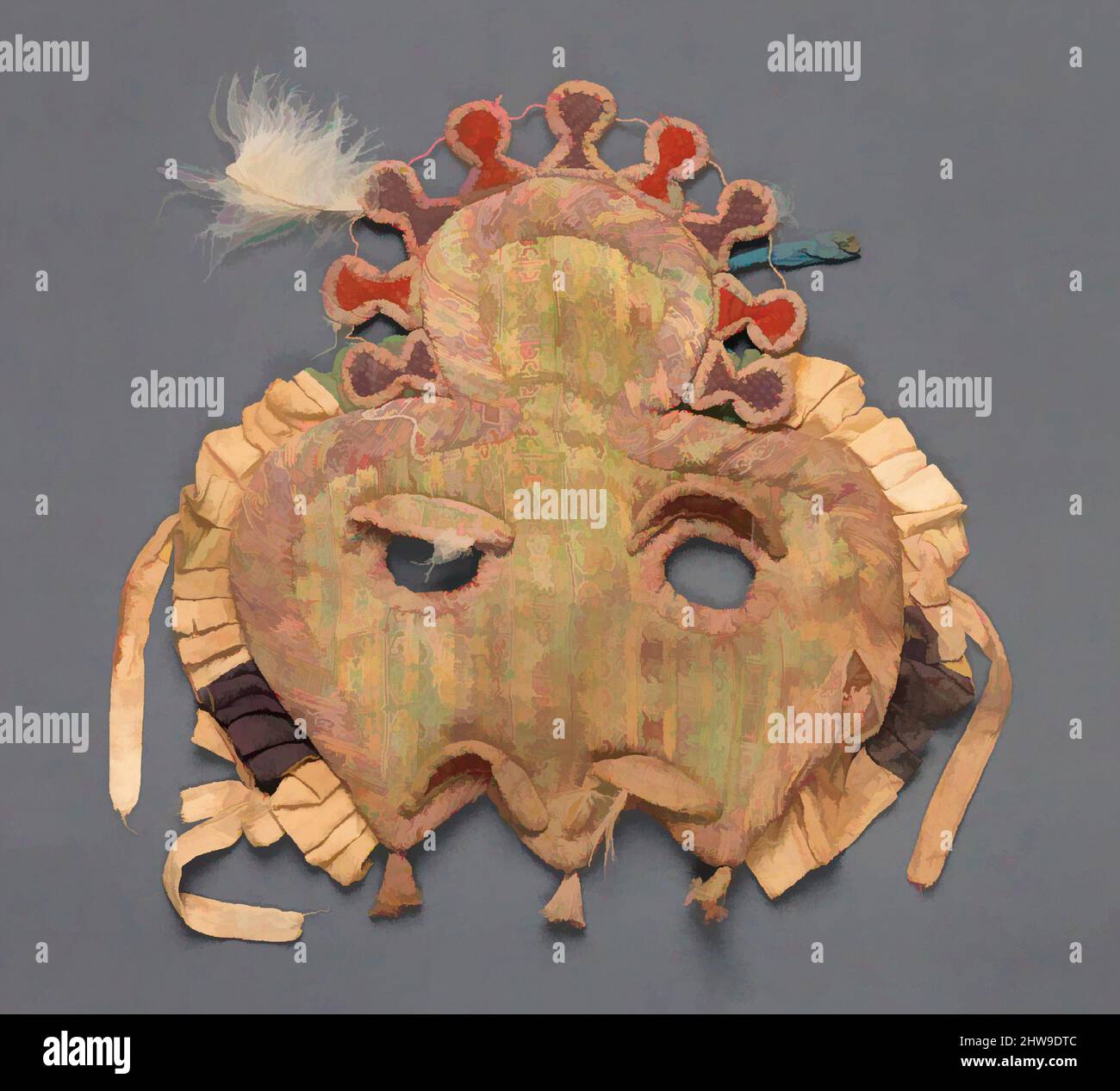 Arte ispirata da Shaffron (Horse's Head Defense), ca. 5th–7th secolo, Asia centrale, tessile (seta), fibra animale, piume, 15 3/4 x 14 9/16 poll. (40 x 37 cm), Equestrian Equipment-Shaffrons, questo zafferano è straordinariamente raro sia per essere uno dei pochi esempi noti di, opere classiche modernizzate da Artotop con un tuffo di modernità. Forme, colore e valore, impatto visivo accattivante sulle emozioni artistiche attraverso la libertà delle opere d'arte in modo contemporaneo. Un messaggio senza tempo che persegue una nuova direzione selvaggiamente creativa. Artisti che si rivolgono al supporto digitale e creano l'NFT Artotop Foto Stock