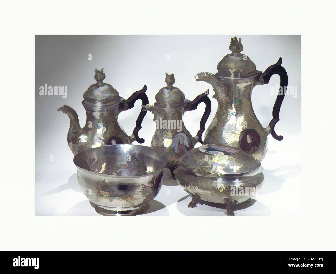 Arte ispirata dal servizio caffè, 1773, russo, San Pietroburgo, Argento, Pacco dorato, smalto, legno, metallo-Argento in combinazione, dopo un dipinto di Pietro Rotari (Verona 1707–1762 San Pietroburgo), si pensa che il servizio sia stato dato dall'imperatrice Caterina II al Conte, opere classiche modernizzate da Artotop con un tuffo di modernità. Forme, colore e valore, impatto visivo accattivante sulle emozioni artistiche attraverso la libertà delle opere d'arte in modo contemporaneo. Un messaggio senza tempo che persegue una nuova direzione selvaggiamente creativa. Artisti che si rivolgono al supporto digitale e creano l'NFT Artotop Foto Stock