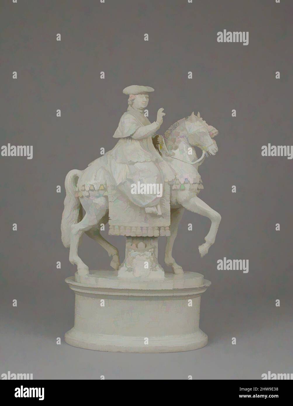 Arte ispirata a Papa Pio VI a cavallo, ca. 1784, italiano, Roma, terracotta smaltata bianca, totale (confermato): 18 1/8 x 11 x 6 5/8" (46 x 27,9 x 16,8 cm), Ceramica-ceramica, Antonio e Lorenzo Cialli, questa scultura equestre raffigura Papa Pio VI (1717–1799) a cavallo, con opere classiche modernizzate da Artotop con un tuffo di modernità. Forme, colore e valore, impatto visivo accattivante sulle emozioni artistiche attraverso la libertà delle opere d'arte in modo contemporaneo. Un messaggio senza tempo che persegue una nuova direzione selvaggiamente creativa. Artisti che si rivolgono al supporto digitale e creano l'NFT Artotop Foto Stock