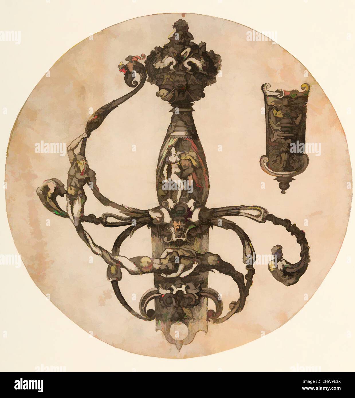 Arte ispirata da Design for a Rapier hilt and scabbard Chape, 1555, francese, incisione, incisione, Diam. 7 1/2 poll. (19,1 cm), opere su incisioni su carta, Pierre Woeiriot de Bouzey II (francese, Neufchâteau 1532–1599 Damblain), questa stampa di un'elegante cresta a grappa decorata è una bella, opere classiche modernizzate da Artotop con un tuffo di modernità. Forme, colore e valore, impatto visivo accattivante sulle emozioni artistiche attraverso la libertà delle opere d'arte in modo contemporaneo. Un messaggio senza tempo che persegue una nuova direzione selvaggiamente creativa. Artisti che si rivolgono al supporto digitale e creano l'NFT Artotop Foto Stock