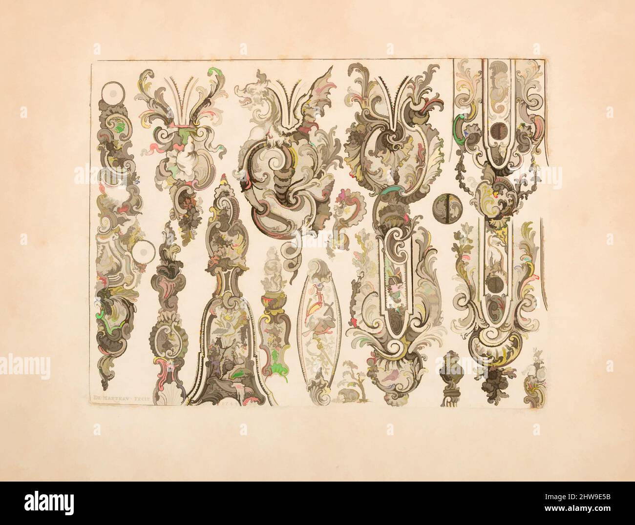 Art Inspired by Plate Ten di Nouveavx Desseins D’Arquebvseries, datato 1744, francese, incisione, foglio: 11 7/8 x 9 1/8 pollici. (30,16 x 23,17 cm); piastra: 8 1/2 x 6 3/8 poll. (21,59 x 16,19 cm), opere su incisioni su carta, il libro del modello a cui appartiene questa lastra è stato tra i più, opere classiche modernizzate da Artotop con un tuffo di modernità. Forme, colore e valore, impatto visivo accattivante sulle emozioni artistiche attraverso la libertà delle opere d'arte in modo contemporaneo. Un messaggio senza tempo che persegue una nuova direzione selvaggiamente creativa. Artisti che si rivolgono al supporto digitale e creano l'NFT Artotop Foto Stock