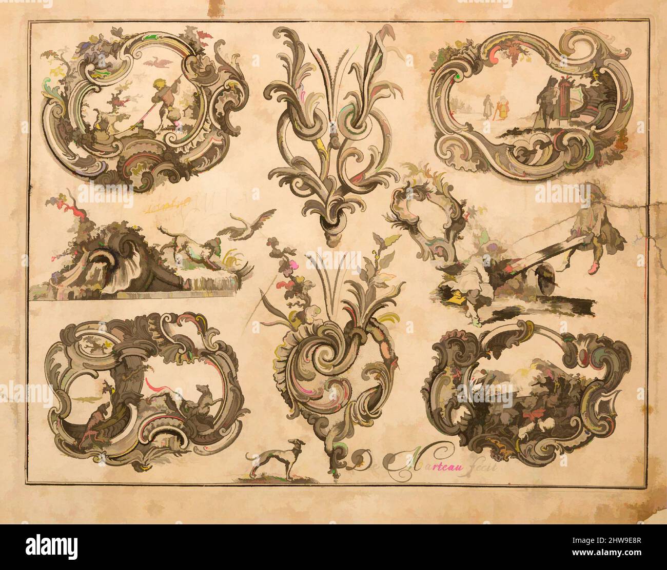 Arte ispirata a Plate Eleven di Nouveavx Desseins D'Arquebvseries, ca. 1749, Parigi, Francese, Parigi, incisione, foglio: 9 x 7 pollici (22,9 x 17,8 cm); piastra: 8 7/16 x 6 7/16 poll. (21,4 x 16,3 cm), opere su carta-incisioni, il bello e inventiva ornamento disegni nei libri di modello erano, opere classiche modernizzate da Artotop con un tuffo di modernità. Forme, colore e valore, impatto visivo accattivante sulle emozioni artistiche attraverso la libertà delle opere d'arte in modo contemporaneo. Un messaggio senza tempo che persegue una nuova direzione selvaggiamente creativa. Artisti che si rivolgono al supporto digitale e creano l'NFT Artotop Foto Stock