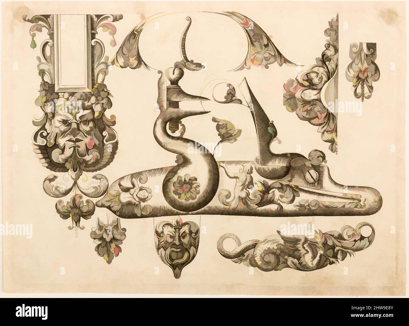 Arte ispirata dal piatto due di Plusieurs Models des Plus nouuelles manieres qui sont en usage en l'Art de Arquebuzerie, ca. 1660, Parigi, Francese, Parigi, incisione, foglio: 7 7/8 x 5 3/4 pollici (20 x 14,6 cm); piastra: 7 7/16 x 5 5/16 poll. (18,9 x 13,5 cm), opere su incisioni su carta, Little IS, opere classiche modernizzate da Artotop con un tuffo di modernità. Forme, colore e valore, impatto visivo accattivante sulle emozioni artistiche attraverso la libertà delle opere d'arte in modo contemporaneo. Un messaggio senza tempo che persegue una nuova direzione selvaggiamente creativa. Artisti che si rivolgono al supporto digitale e creano l'NFT Artotop Foto Stock