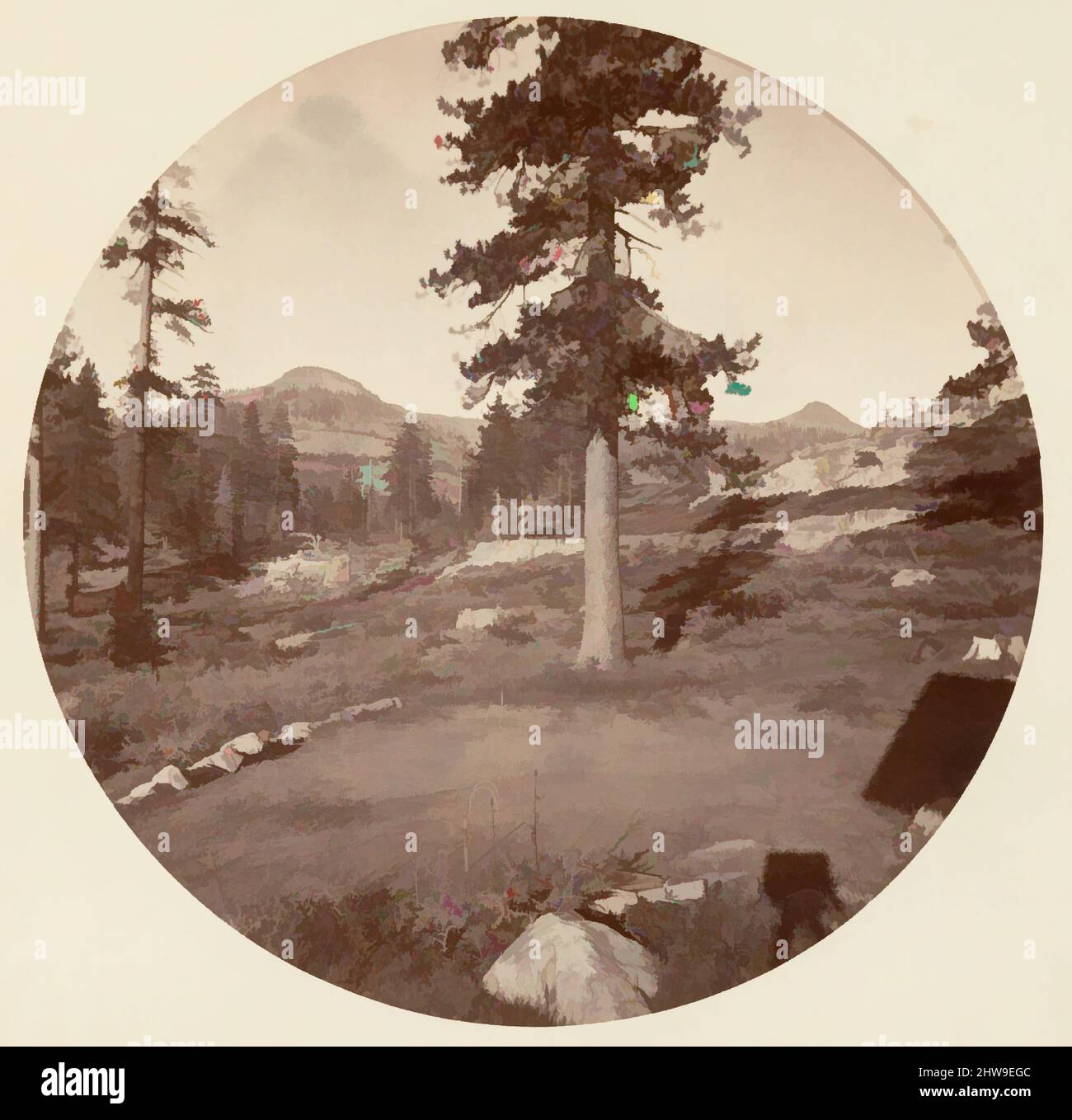 Arte ispirata al Parco Nazionale di Yosemite, California, ca. 1878, stampa in argento albume da vetro negativo, immagine: 12,5 x 12,5 cm (4 15/16 x 4 15/16 poll.), circolare, fotografie, Carleton E. Watkins (americano, 1829–1916), questo album senza titolo eccezionalmente raro presenta settantatre opere classiche modernizzate da Artotop con un tuffo di modernità. Forme, colore e valore, impatto visivo accattivante sulle emozioni artistiche attraverso la libertà delle opere d'arte in modo contemporaneo. Un messaggio senza tempo che persegue una nuova direzione selvaggiamente creativa. Artisti che si rivolgono al supporto digitale e creano l'NFT Artotop Foto Stock