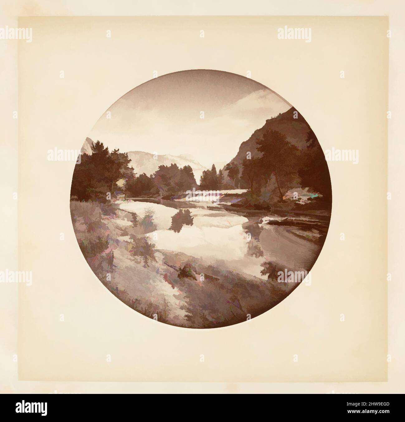 Arte ispirata al Parco Nazionale di Yosemite, California, ca. 1878, stampa in argento albume da vetro negativo, immagine: 12,5 x 12,5 cm (4 15/16 x 4 15/16 poll.), circolare, fotografie, Carleton E. Watkins (americano, 1829–1916), questo album senza titolo eccezionalmente raro presenta settantatre opere classiche modernizzate da Artotop con un tuffo di modernità. Forme, colore e valore, impatto visivo accattivante sulle emozioni artistiche attraverso la libertà delle opere d'arte in modo contemporaneo. Un messaggio senza tempo che persegue una nuova direzione selvaggiamente creativa. Artisti che si rivolgono al supporto digitale e creano l'NFT Artotop Foto Stock