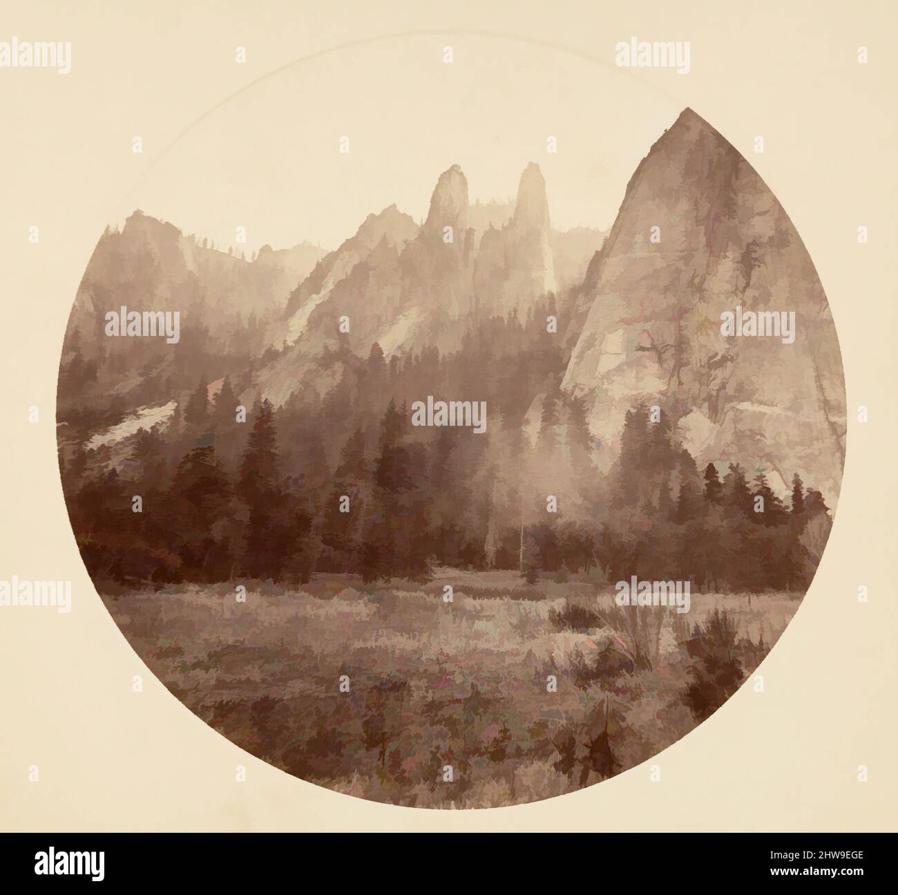 Arte ispirata al Parco Nazionale di Yosemite, California, ca. 1878, stampa in argento albume da vetro negativo, immagine: 12,5 x 12,5 cm (4 15/16 x 4 15/16 poll.), circolare, fotografie, Carleton E. Watkins (americano, 1829–1916), questo album senza titolo eccezionalmente raro presenta settantatre opere classiche modernizzate da Artotop con un tuffo di modernità. Forme, colore e valore, impatto visivo accattivante sulle emozioni artistiche attraverso la libertà delle opere d'arte in modo contemporaneo. Un messaggio senza tempo che persegue una nuova direzione selvaggiamente creativa. Artisti che si rivolgono al supporto digitale e creano l'NFT Artotop Foto Stock