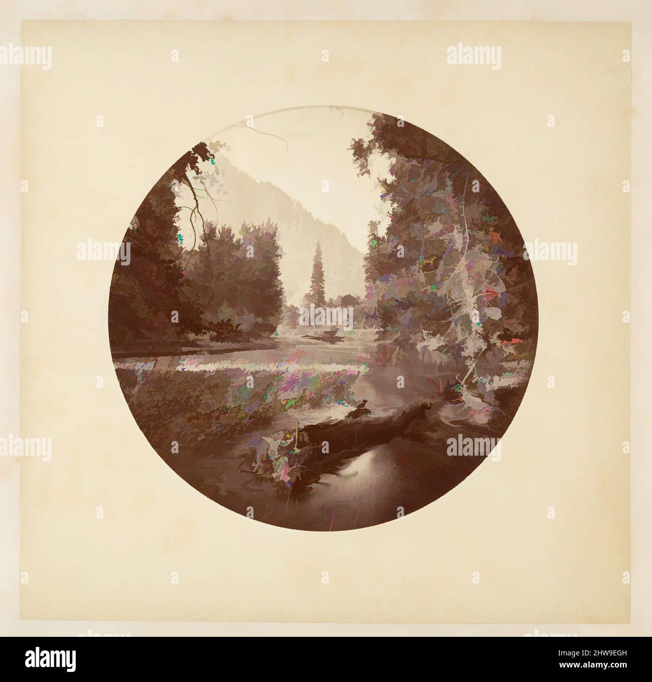 Arte ispirata al Parco Nazionale di Yosemite, California, ca. 1878, stampa in argento albume da vetro negativo, immagine: 12,5 x 12,5 cm (4 15/16 x 4 15/16 poll.), circolare, fotografie, Carleton E. Watkins (americano, 1829–1916), questo album senza titolo eccezionalmente raro presenta settantatre opere classiche modernizzate da Artotop con un tuffo di modernità. Forme, colore e valore, impatto visivo accattivante sulle emozioni artistiche attraverso la libertà delle opere d'arte in modo contemporaneo. Un messaggio senza tempo che persegue una nuova direzione selvaggiamente creativa. Artisti che si rivolgono al supporto digitale e creano l'NFT Artotop Foto Stock