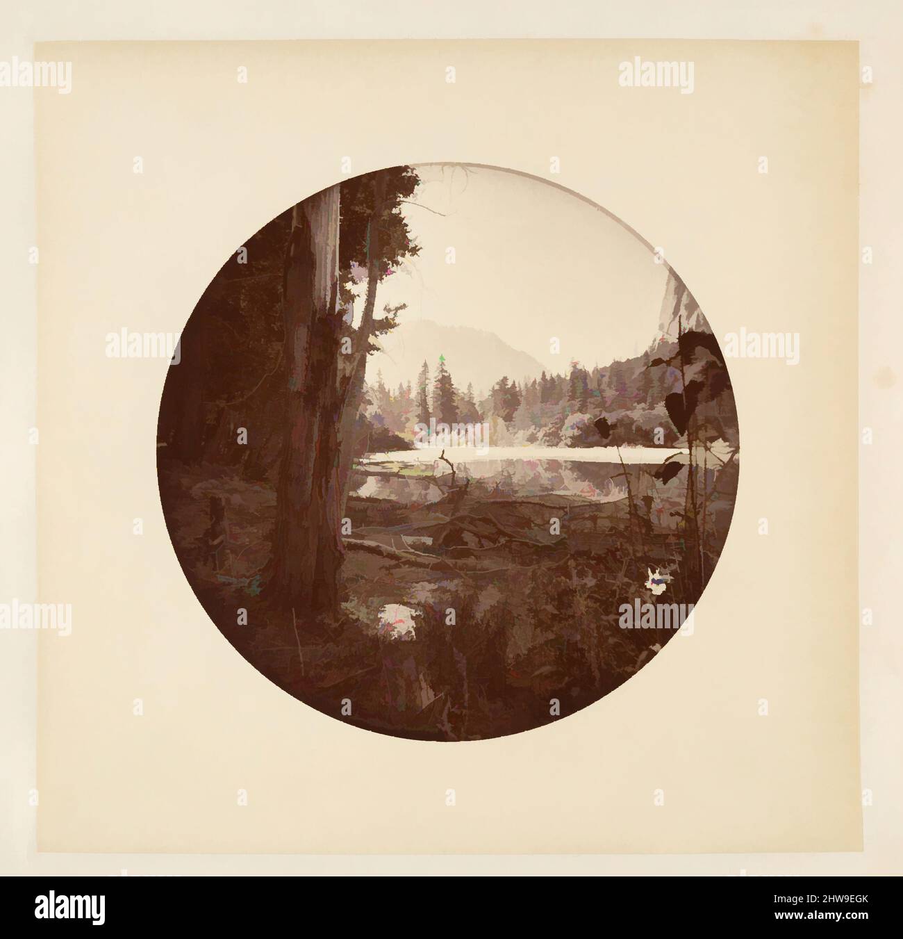 Arte ispirata al Parco Nazionale di Yosemite, California, ca. 1878, stampa in argento albume da vetro negativo, immagine: 12,5 x 12,5 cm (4 15/16 x 4 15/16 poll.), circolare, fotografie, Carleton E. Watkins (americano, 1829–1916), questo album senza titolo eccezionalmente raro presenta settantatre opere classiche modernizzate da Artotop con un tuffo di modernità. Forme, colore e valore, impatto visivo accattivante sulle emozioni artistiche attraverso la libertà delle opere d'arte in modo contemporaneo. Un messaggio senza tempo che persegue una nuova direzione selvaggiamente creativa. Artisti che si rivolgono al supporto digitale e creano l'NFT Artotop Foto Stock