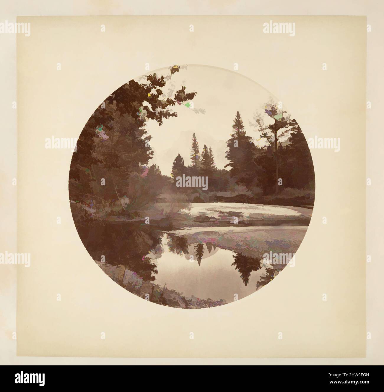 Arte ispirata al Parco Nazionale di Yosemite, California, ca. 1878, stampa in argento albume da vetro negativo, immagine: 12,5 x 12,5 cm (4 15/16 x 4 15/16 poll.), circolare, fotografie, Carleton E. Watkins (americano, 1829–1916), questo album senza titolo eccezionalmente raro presenta settantatre opere classiche modernizzate da Artotop con un tuffo di modernità. Forme, colore e valore, impatto visivo accattivante sulle emozioni artistiche attraverso la libertà delle opere d'arte in modo contemporaneo. Un messaggio senza tempo che persegue una nuova direzione selvaggiamente creativa. Artisti che si rivolgono al supporto digitale e creano l'NFT Artotop Foto Stock