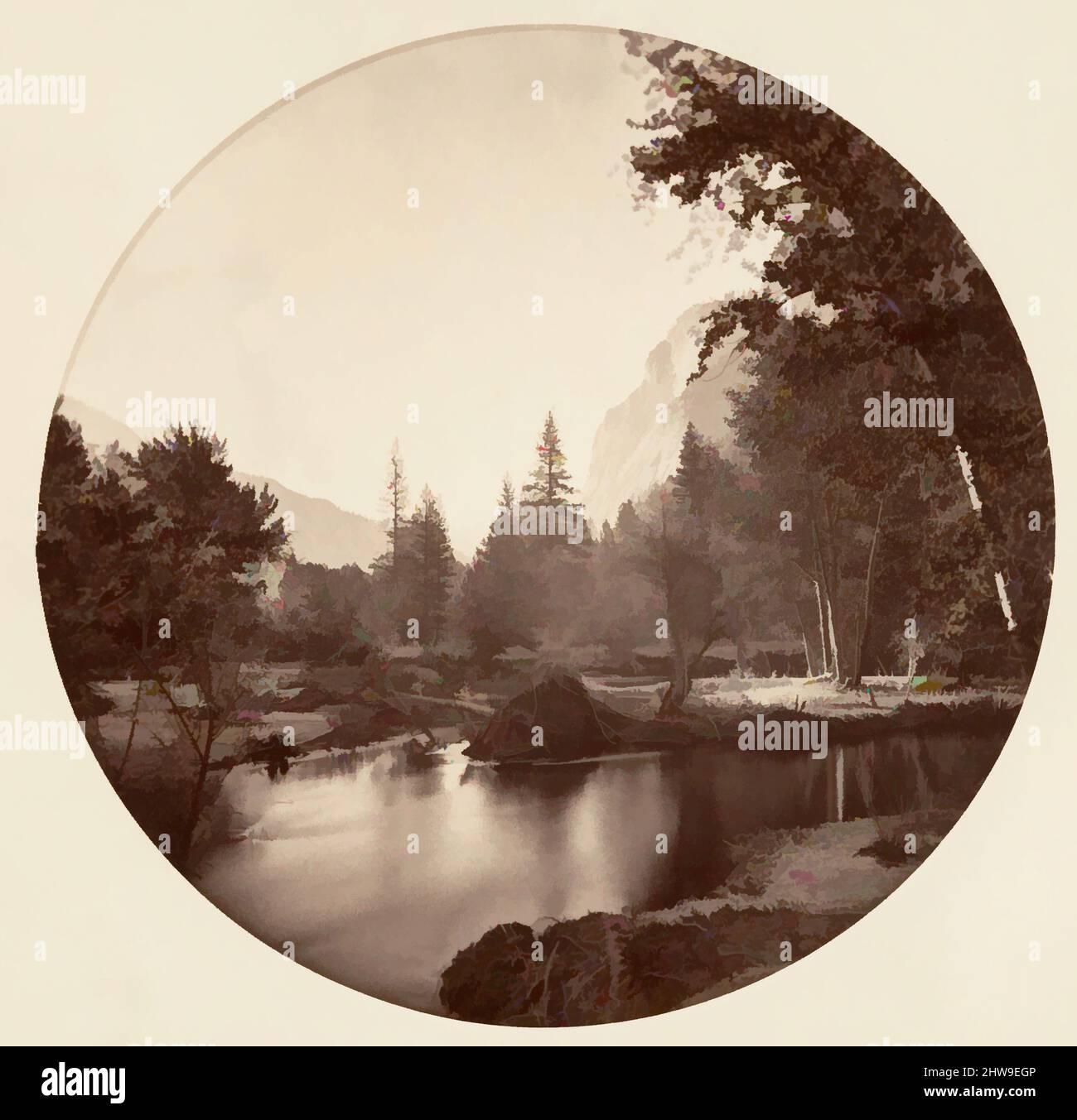 Arte ispirata al Parco Nazionale di Yosemite, California, ca. 1878, stampa in argento albume da vetro negativo, immagine: 12,5 x 12,5 cm (4 15/16 x 4 15/16 poll.), circolare, fotografie, Carleton E. Watkins (americano, 1829–1916), questo album senza titolo eccezionalmente raro presenta settantatre opere classiche modernizzate da Artotop con un tuffo di modernità. Forme, colore e valore, impatto visivo accattivante sulle emozioni artistiche attraverso la libertà delle opere d'arte in modo contemporaneo. Un messaggio senza tempo che persegue una nuova direzione selvaggiamente creativa. Artisti che si rivolgono al supporto digitale e creano l'NFT Artotop Foto Stock