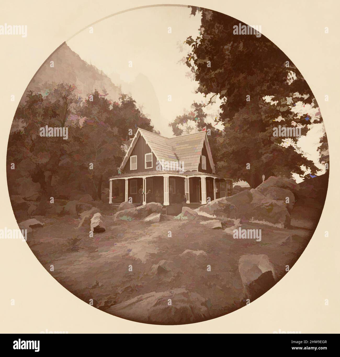 Arte ispirata al Parco Nazionale di Yosemite, California, ca. 1878, stampa in argento albume da vetro negativo, immagine: 12,5 x 12,5 cm (4 15/16 x 4 15/16 poll.), circolare, fotografie, Carleton E. Watkins (americano, 1829–1916), questo album senza titolo eccezionalmente raro presenta settantatre opere classiche modernizzate da Artotop con un tuffo di modernità. Forme, colore e valore, impatto visivo accattivante sulle emozioni artistiche attraverso la libertà delle opere d'arte in modo contemporaneo. Un messaggio senza tempo che persegue una nuova direzione selvaggiamente creativa. Artisti che si rivolgono al supporto digitale e creano l'NFT Artotop Foto Stock