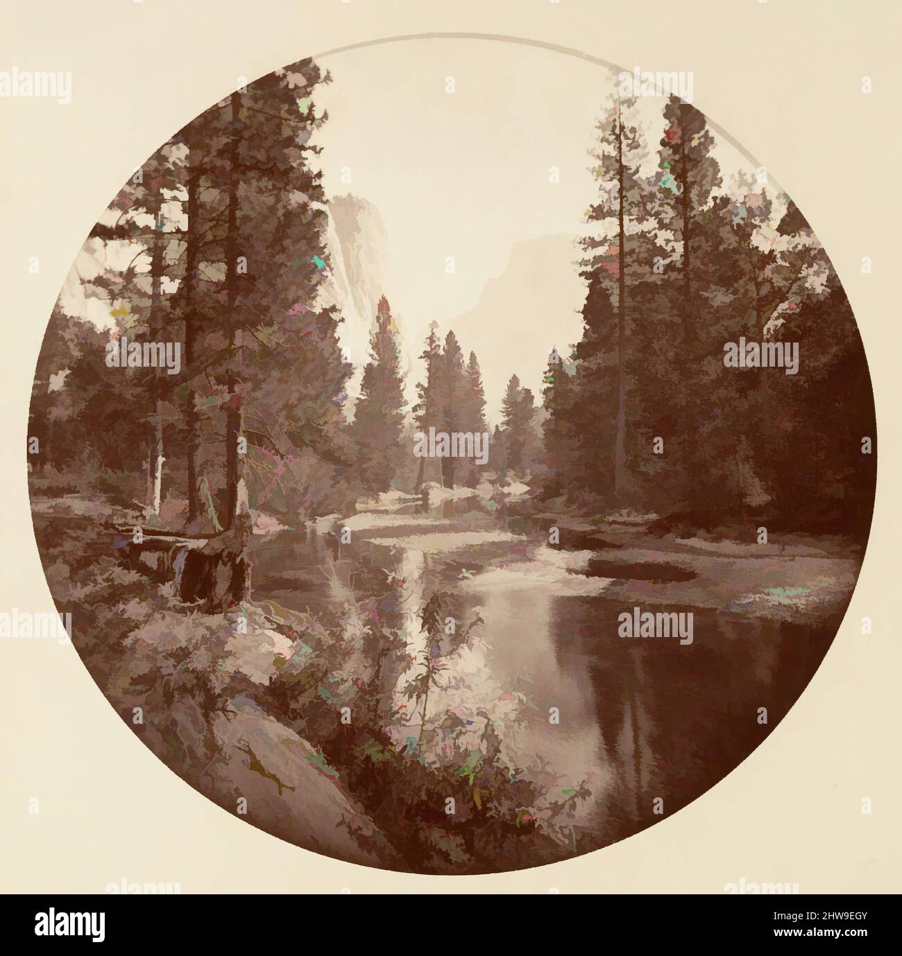 Arte ispirata al Parco Nazionale di Yosemite, California, ca. 1878, stampa in argento albume da vetro negativo, immagine: 12,5 x 12,5 cm (4 15/16 x 4 15/16 poll.), circolare, fotografie, Carleton E. Watkins (americano, 1829–1916), questo album senza titolo eccezionalmente raro presenta settantatre opere classiche modernizzate da Artotop con un tuffo di modernità. Forme, colore e valore, impatto visivo accattivante sulle emozioni artistiche attraverso la libertà delle opere d'arte in modo contemporaneo. Un messaggio senza tempo che persegue una nuova direzione selvaggiamente creativa. Artisti che si rivolgono al supporto digitale e creano l'NFT Artotop Foto Stock