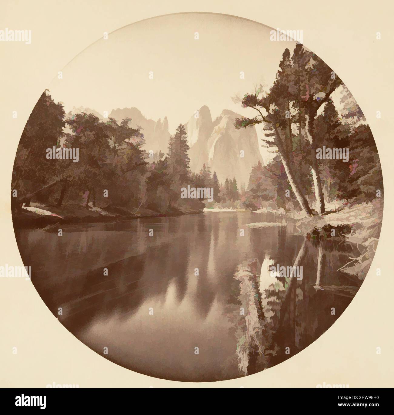 Arte ispirata al Parco Nazionale di Yosemite, California, ca. 1878, stampa in argento albume da vetro negativo, immagine: 12,5 x 12,5 cm (4 15/16 x 4 15/16 poll.), circolare, fotografie, Carleton E. Watkins (americano, 1829–1916), questo album senza titolo eccezionalmente raro presenta settantatre opere classiche modernizzate da Artotop con un tuffo di modernità. Forme, colore e valore, impatto visivo accattivante sulle emozioni artistiche attraverso la libertà delle opere d'arte in modo contemporaneo. Un messaggio senza tempo che persegue una nuova direzione selvaggiamente creativa. Artisti che si rivolgono al supporto digitale e creano l'NFT Artotop Foto Stock