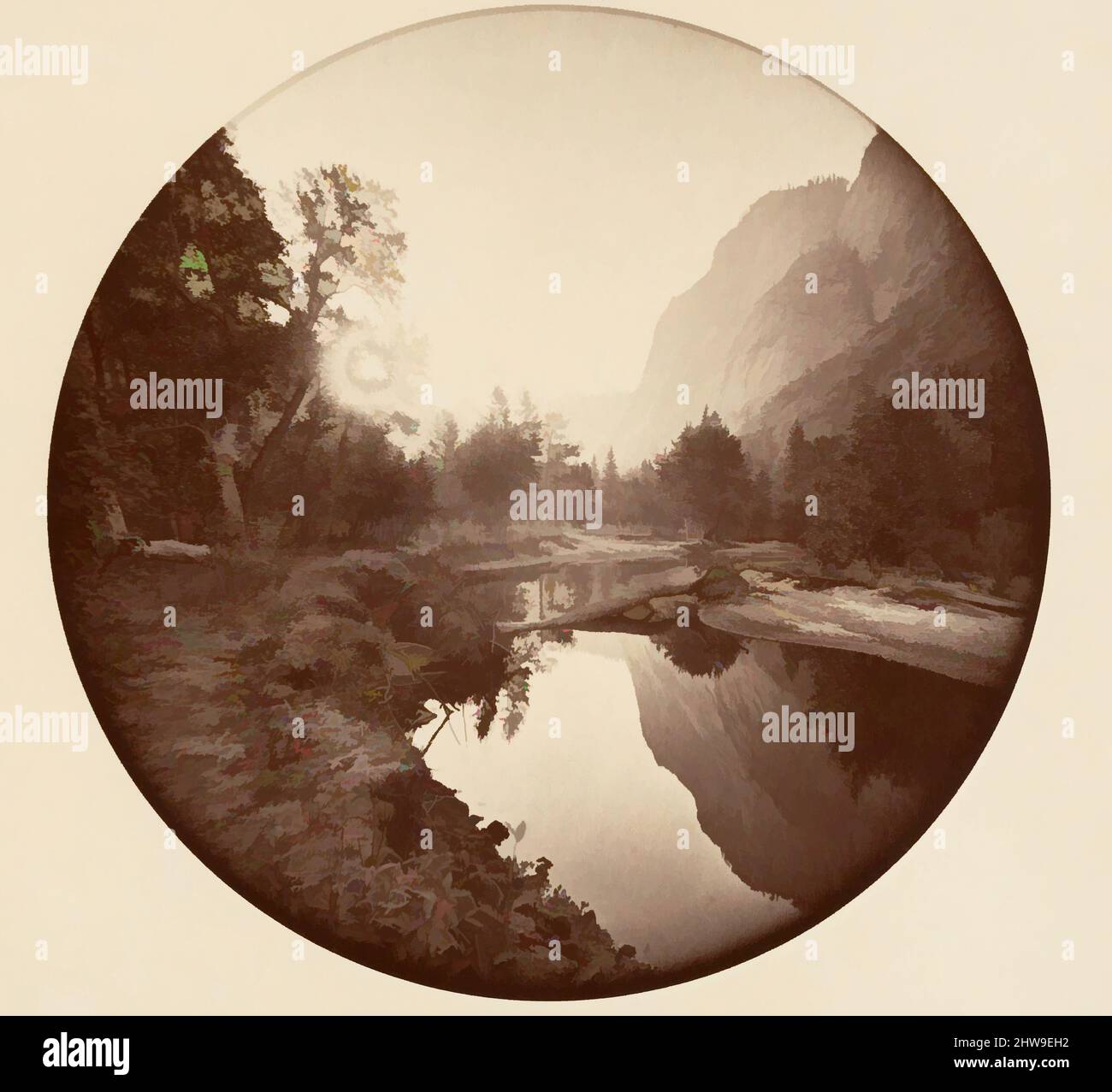 Arte ispirata al Parco Nazionale di Yosemite, California, ca. 1878, stampa in argento albume da vetro negativo, immagine: 12,5 x 12,5 cm (4 15/16 x 4 15/16 poll.), circolare, fotografie, Carleton E. Watkins (americano, 1829–1916), questo album senza titolo eccezionalmente raro presenta settantatre opere classiche modernizzate da Artotop con un tuffo di modernità. Forme, colore e valore, impatto visivo accattivante sulle emozioni artistiche attraverso la libertà delle opere d'arte in modo contemporaneo. Un messaggio senza tempo che persegue una nuova direzione selvaggiamente creativa. Artisti che si rivolgono al supporto digitale e creano l'NFT Artotop Foto Stock
