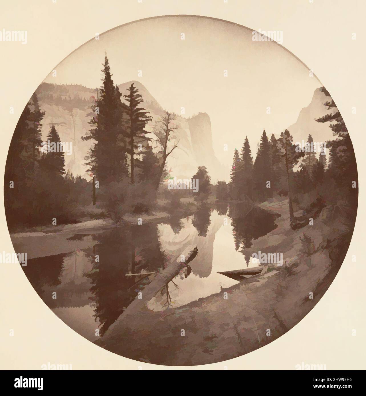 Arte ispirata al Parco Nazionale di Yosemite, California, ca. 1878, stampa in argento albume da vetro negativo, immagine: 12,5 x 12,5 cm (4 15/16 x 4 15/16 poll.), circolare, fotografie, Carleton E. Watkins (americano, 1829–1916), questo album senza titolo eccezionalmente raro presenta settantatre opere classiche modernizzate da Artotop con un tuffo di modernità. Forme, colore e valore, impatto visivo accattivante sulle emozioni artistiche attraverso la libertà delle opere d'arte in modo contemporaneo. Un messaggio senza tempo che persegue una nuova direzione selvaggiamente creativa. Artisti che si rivolgono al supporto digitale e creano l'NFT Artotop Foto Stock