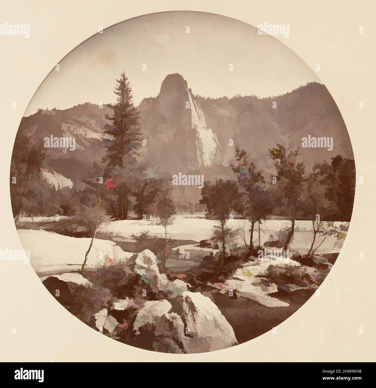 Arte ispirata al Parco Nazionale di Yosemite, California, ca. 1878, stampa in argento albume da vetro negativo, immagine: 12,5 x 12,5 cm (4 15/16 x 4 15/16 poll.), circolare, fotografie, Carleton E. Watkins (americano, 1829–1916), questo album senza titolo eccezionalmente raro presenta settantatre opere classiche modernizzate da Artotop con un tuffo di modernità. Forme, colore e valore, impatto visivo accattivante sulle emozioni artistiche attraverso la libertà delle opere d'arte in modo contemporaneo. Un messaggio senza tempo che persegue una nuova direzione selvaggiamente creativa. Artisti che si rivolgono al supporto digitale e creano l'NFT Artotop Foto Stock