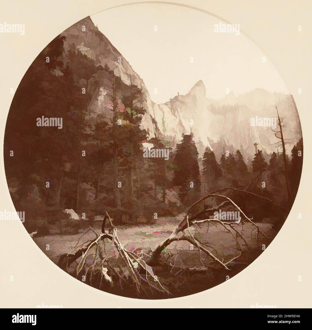 Arte ispirata al Parco Nazionale di Yosemite, California, ca. 1878, stampa in argento albume da vetro negativo, immagine: 12,5 x 12,5 cm (4 15/16 x 4 15/16 poll.), circolare, fotografie, Carleton E. Watkins (americano, 1829–1916), questo album senza titolo eccezionalmente raro presenta settantatre opere classiche modernizzate da Artotop con un tuffo di modernità. Forme, colore e valore, impatto visivo accattivante sulle emozioni artistiche attraverso la libertà delle opere d'arte in modo contemporaneo. Un messaggio senza tempo che persegue una nuova direzione selvaggiamente creativa. Artisti che si rivolgono al supporto digitale e creano l'NFT Artotop Foto Stock
