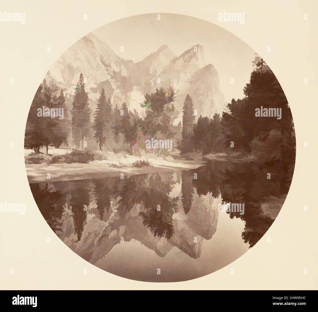 Arte ispirata al Parco Nazionale di Yosemite, California, ca. 1878, stampa in argento albume da vetro negativo, immagine: 12,5 x 12,5 cm (4 15/16 x 4 15/16 poll.), circolare, fotografie, Carleton E. Watkins (americano, 1829–1916), questo album senza titolo eccezionalmente raro presenta settantatre opere classiche modernizzate da Artotop con un tuffo di modernità. Forme, colore e valore, impatto visivo accattivante sulle emozioni artistiche attraverso la libertà delle opere d'arte in modo contemporaneo. Un messaggio senza tempo che persegue una nuova direzione selvaggiamente creativa. Artisti che si rivolgono al supporto digitale e creano l'NFT Artotop Foto Stock