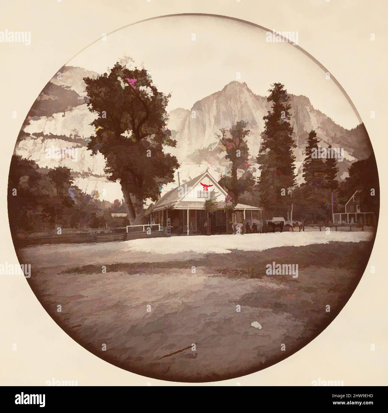 Arte ispirata al Parco Nazionale di Yosemite, California, ca. 1878, stampa in argento albume da vetro negativo, immagine: 12,5 x 12,5 cm (4 15/16 x 4 15/16 poll.), circolare, fotografie, Carleton E. Watkins (americano, 1829–1916), questo album senza titolo eccezionalmente raro presenta settantatre opere classiche modernizzate da Artotop con un tuffo di modernità. Forme, colore e valore, impatto visivo accattivante sulle emozioni artistiche attraverso la libertà delle opere d'arte in modo contemporaneo. Un messaggio senza tempo che persegue una nuova direzione selvaggiamente creativa. Artisti che si rivolgono al supporto digitale e creano l'NFT Artotop Foto Stock