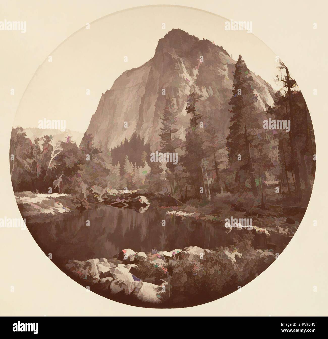 Arte ispirata al Parco Nazionale di Yosemite, California, ca. 1878, stampa in argento albume da vetro negativo, immagine: 12,5 x 12,5 cm (4 15/16 x 4 15/16 poll.), circolare, fotografie, Carleton E. Watkins (americano, 1829–1916), questo album senza titolo eccezionalmente raro presenta settantatre opere classiche modernizzate da Artotop con un tuffo di modernità. Forme, colore e valore, impatto visivo accattivante sulle emozioni artistiche attraverso la libertà delle opere d'arte in modo contemporaneo. Un messaggio senza tempo che persegue una nuova direzione selvaggiamente creativa. Artisti che si rivolgono al supporto digitale e creano l'NFT Artotop Foto Stock