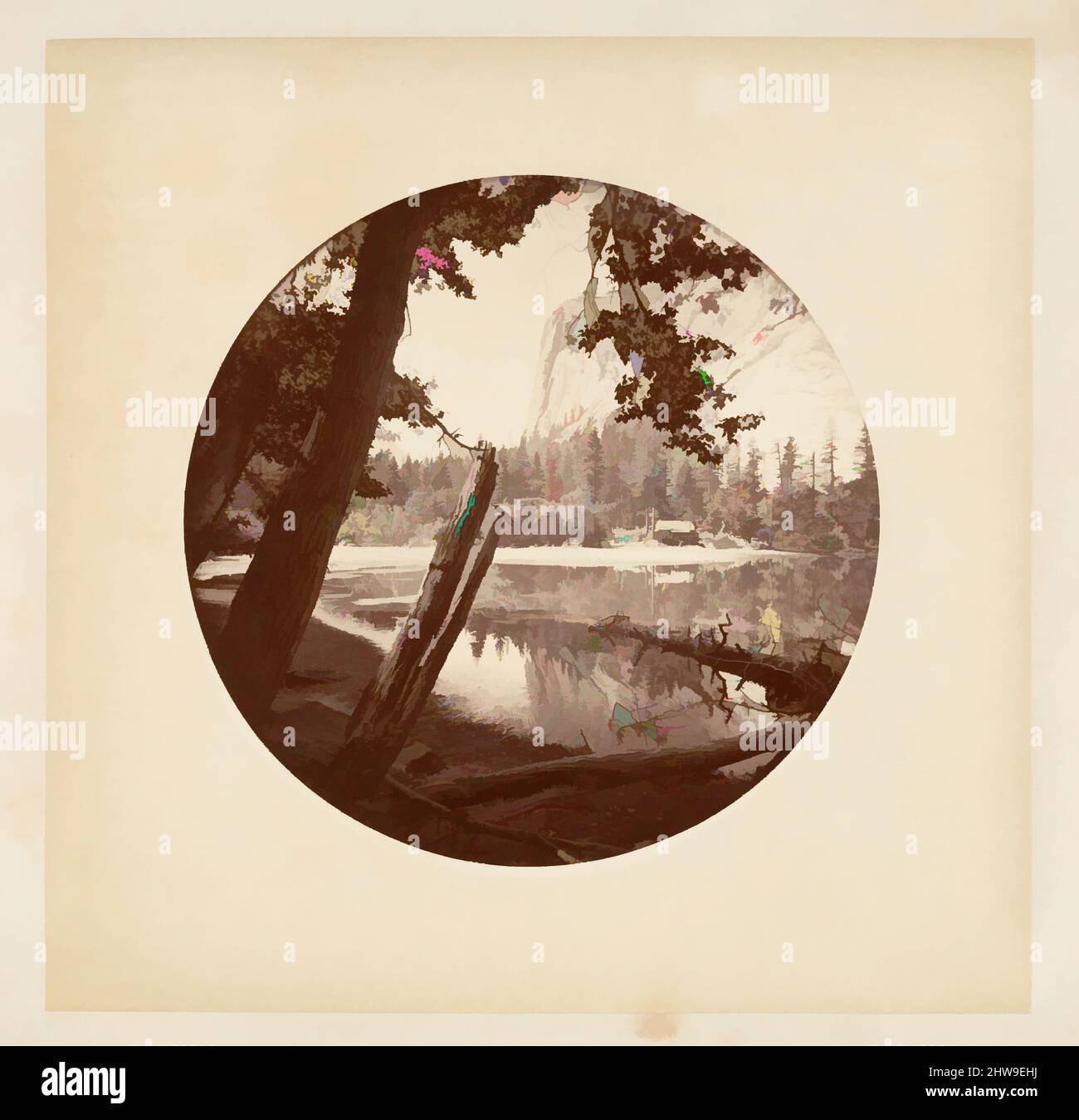 Arte ispirata al Parco Nazionale di Yosemite, California, ca. 1878, stampa in argento albume da vetro negativo, immagine: 12,5 x 12,5 cm (4 15/16 x 4 15/16 poll.), circolare, fotografie, Carleton E. Watkins (americano, 1829–1916), questo album senza titolo eccezionalmente raro presenta settantatre opere classiche modernizzate da Artotop con un tuffo di modernità. Forme, colore e valore, impatto visivo accattivante sulle emozioni artistiche attraverso la libertà delle opere d'arte in modo contemporaneo. Un messaggio senza tempo che persegue una nuova direzione selvaggiamente creativa. Artisti che si rivolgono al supporto digitale e creano l'NFT Artotop Foto Stock