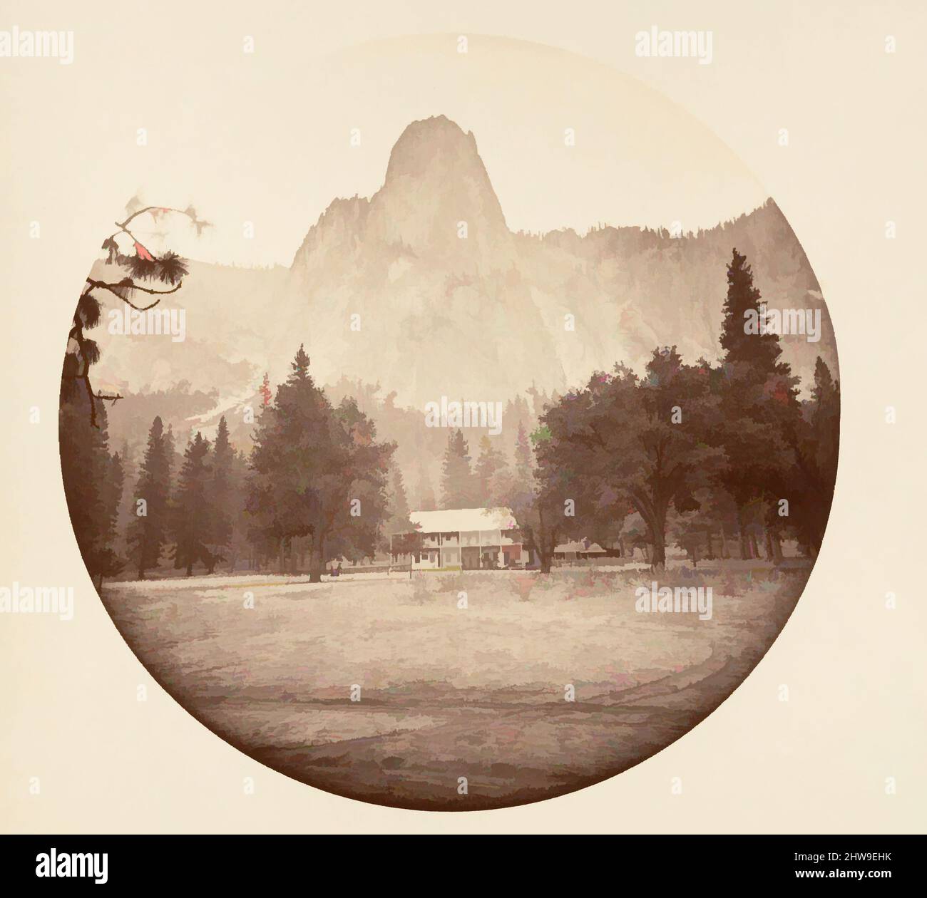 Arte ispirata al Parco Nazionale di Yosemite, California, ca. 1878, stampa in argento albume da vetro negativo, immagine: 12,5 x 12,5 cm (4 15/16 x 4 15/16 poll.), circolare, fotografie, Carleton E. Watkins (americano, 1829–1916), questo album senza titolo eccezionalmente raro presenta settantatre opere classiche modernizzate da Artotop con un tuffo di modernità. Forme, colore e valore, impatto visivo accattivante sulle emozioni artistiche attraverso la libertà delle opere d'arte in modo contemporaneo. Un messaggio senza tempo che persegue una nuova direzione selvaggiamente creativa. Artisti che si rivolgono al supporto digitale e creano l'NFT Artotop Foto Stock