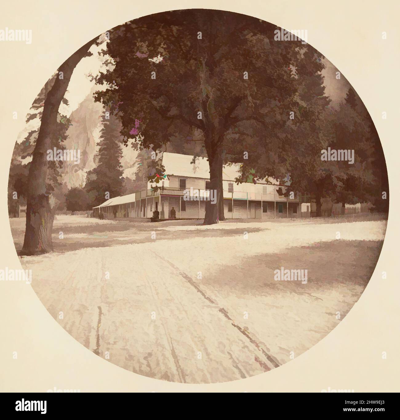 Arte ispirata al Parco Nazionale di Yosemite, California, ca. 1878, stampa in argento albume da vetro negativo, immagine: 12,5 x 12,5 cm (4 15/16 x 4 15/16 poll.), circolare, fotografie, Carleton E. Watkins (americano, 1829–1916), questo album senza titolo eccezionalmente raro presenta settantatre opere classiche modernizzate da Artotop con un tuffo di modernità. Forme, colore e valore, impatto visivo accattivante sulle emozioni artistiche attraverso la libertà delle opere d'arte in modo contemporaneo. Un messaggio senza tempo che persegue una nuova direzione selvaggiamente creativa. Artisti che si rivolgono al supporto digitale e creano l'NFT Artotop Foto Stock