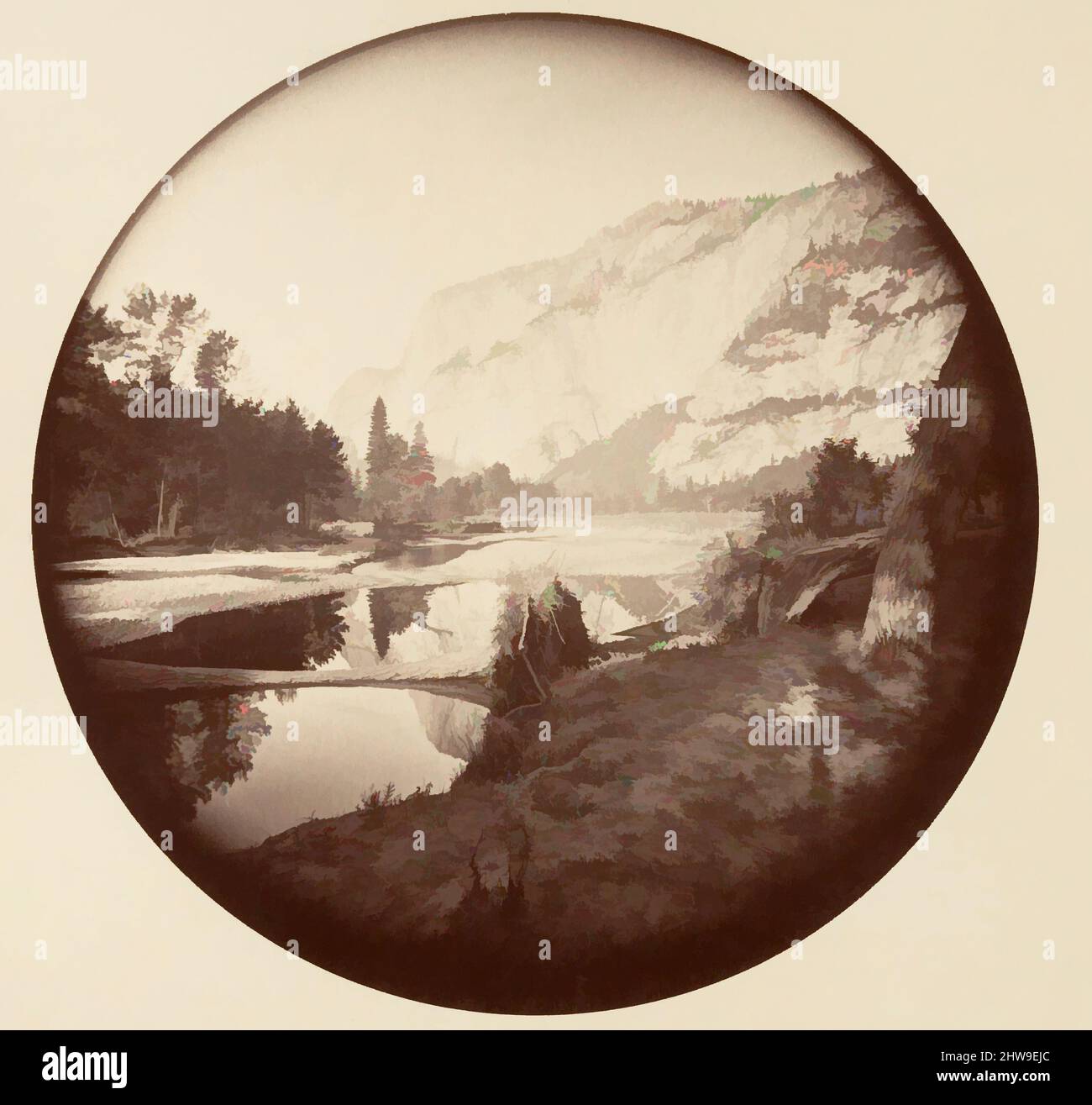 Arte ispirata al Parco Nazionale di Yosemite, California, ca. 1878, stampa in argento albume da vetro negativo, immagine: 12,5 x 12,5 cm (4 15/16 x 4 15/16 poll.), circolare, fotografie, Carleton E. Watkins (americano, 1829–1916), questo album senza titolo eccezionalmente raro presenta settantatre opere classiche modernizzate da Artotop con un tuffo di modernità. Forme, colore e valore, impatto visivo accattivante sulle emozioni artistiche attraverso la libertà delle opere d'arte in modo contemporaneo. Un messaggio senza tempo che persegue una nuova direzione selvaggiamente creativa. Artisti che si rivolgono al supporto digitale e creano l'NFT Artotop Foto Stock