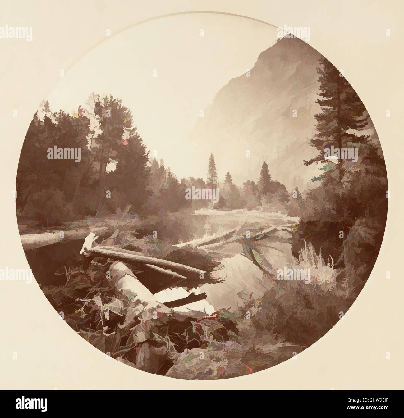Arte ispirata al Parco Nazionale di Yosemite, California, ca. 1878, stampa in argento albume da vetro negativo, immagine: 12,5 x 12,5 cm (4 15/16 x 4 15/16 poll.), circolare, fotografie, Carleton E. Watkins (americano, 1829–1916), questo album senza titolo eccezionalmente raro presenta settantatre opere classiche modernizzate da Artotop con un tuffo di modernità. Forme, colore e valore, impatto visivo accattivante sulle emozioni artistiche attraverso la libertà delle opere d'arte in modo contemporaneo. Un messaggio senza tempo che persegue una nuova direzione selvaggiamente creativa. Artisti che si rivolgono al supporto digitale e creano l'NFT Artotop Foto Stock