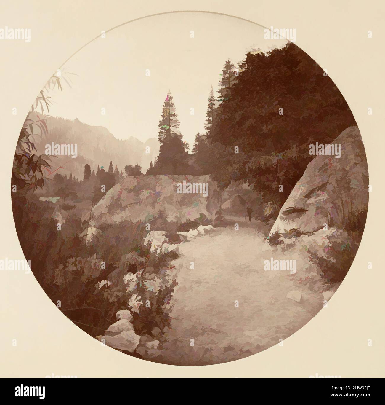 Arte ispirata al Parco Nazionale di Yosemite, California, ca. 1878, stampa in argento albume da vetro negativo, immagine: 12,5 x 12,5 cm (4 15/16 x 4 15/16 poll.), circolare, fotografie, Carleton E. Watkins (americano, 1829–1916), questo album senza titolo eccezionalmente raro presenta settantatre opere classiche modernizzate da Artotop con un tuffo di modernità. Forme, colore e valore, impatto visivo accattivante sulle emozioni artistiche attraverso la libertà delle opere d'arte in modo contemporaneo. Un messaggio senza tempo che persegue una nuova direzione selvaggiamente creativa. Artisti che si rivolgono al supporto digitale e creano l'NFT Artotop Foto Stock