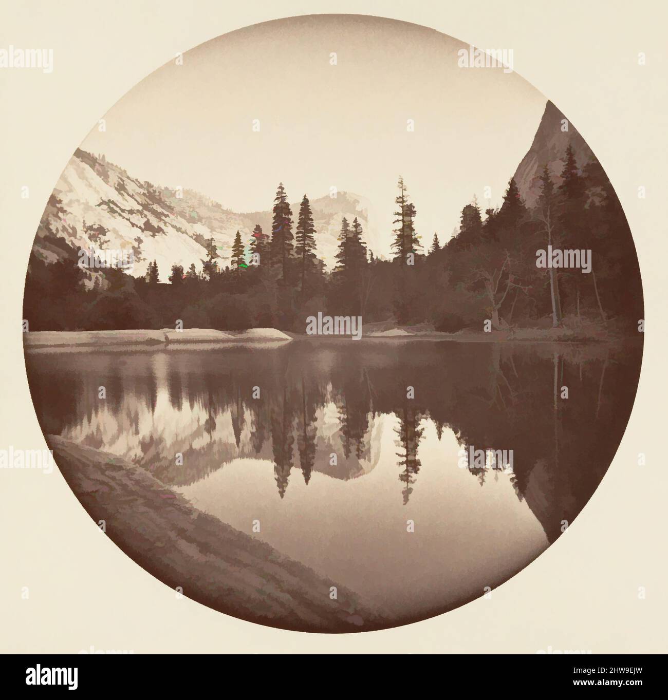 Arte ispirata al Parco Nazionale di Yosemite, California, ca. 1878, stampa in argento albume da vetro negativo, immagine: 12,5 x 12,5 cm (4 15/16 x 4 15/16 poll.), circolare, fotografie, Carleton E. Watkins (americano, 1829–1916), questo album senza titolo eccezionalmente raro presenta settantatre opere classiche modernizzate da Artotop con un tuffo di modernità. Forme, colore e valore, impatto visivo accattivante sulle emozioni artistiche attraverso la libertà delle opere d'arte in modo contemporaneo. Un messaggio senza tempo che persegue una nuova direzione selvaggiamente creativa. Artisti che si rivolgono al supporto digitale e creano l'NFT Artotop Foto Stock