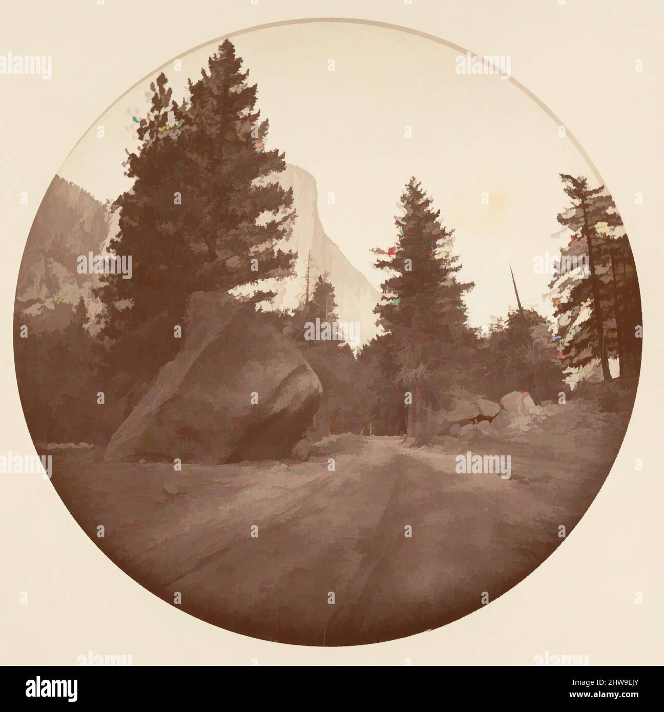 Arte ispirata al Parco Nazionale di Yosemite, California, ca. 1878, stampa in argento albume da vetro negativo, immagine: 12,5 x 12,5 cm (4 15/16 x 4 15/16 poll.), circolare, fotografie, Carleton E. Watkins (americano, 1829–1916), questo album senza titolo eccezionalmente raro presenta settantatre opere classiche modernizzate da Artotop con un tuffo di modernità. Forme, colore e valore, impatto visivo accattivante sulle emozioni artistiche attraverso la libertà delle opere d'arte in modo contemporaneo. Un messaggio senza tempo che persegue una nuova direzione selvaggiamente creativa. Artisti che si rivolgono al supporto digitale e creano l'NFT Artotop Foto Stock