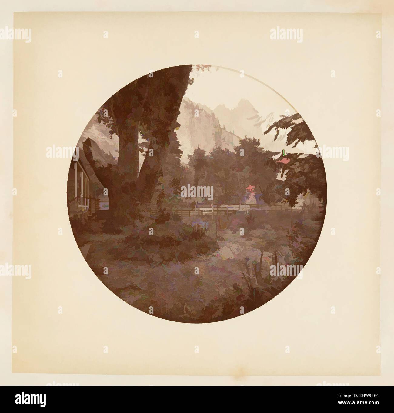 Arte ispirata al Parco Nazionale di Yosemite, California, ca. 1878, stampa in argento albume da vetro negativo, immagine: 12,5 x 12,5 cm (4 15/16 x 4 15/16 poll.), circolare, fotografie, Carleton E. Watkins (americano, 1829–1916), questo album senza titolo eccezionalmente raro presenta settantatre opere classiche modernizzate da Artotop con un tuffo di modernità. Forme, colore e valore, impatto visivo accattivante sulle emozioni artistiche attraverso la libertà delle opere d'arte in modo contemporaneo. Un messaggio senza tempo che persegue una nuova direzione selvaggiamente creativa. Artisti che si rivolgono al supporto digitale e creano l'NFT Artotop Foto Stock